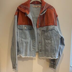 Free People Light Wash Denim Jacket with Rust-Orange Striped Yoke